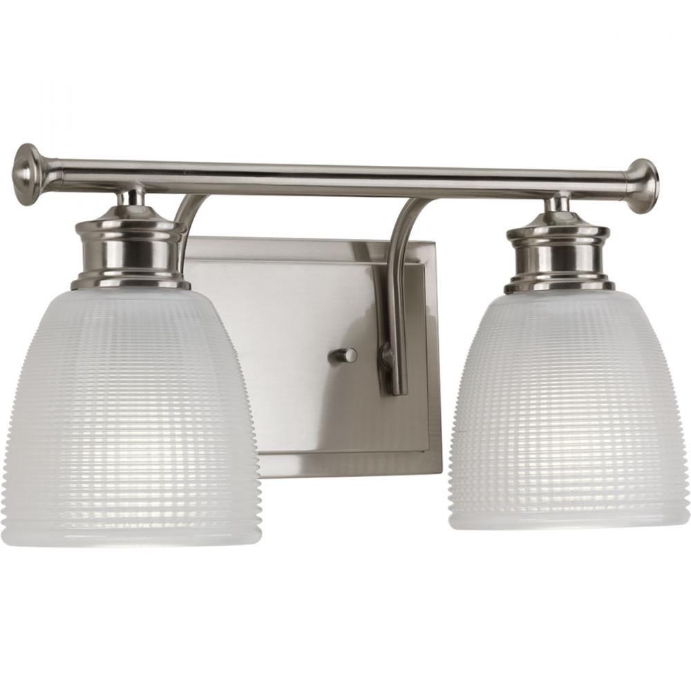 Lucky Collection Two-Light Brushed Nickel Frosted Prismatic Glass Coastal Bath Vanity Light