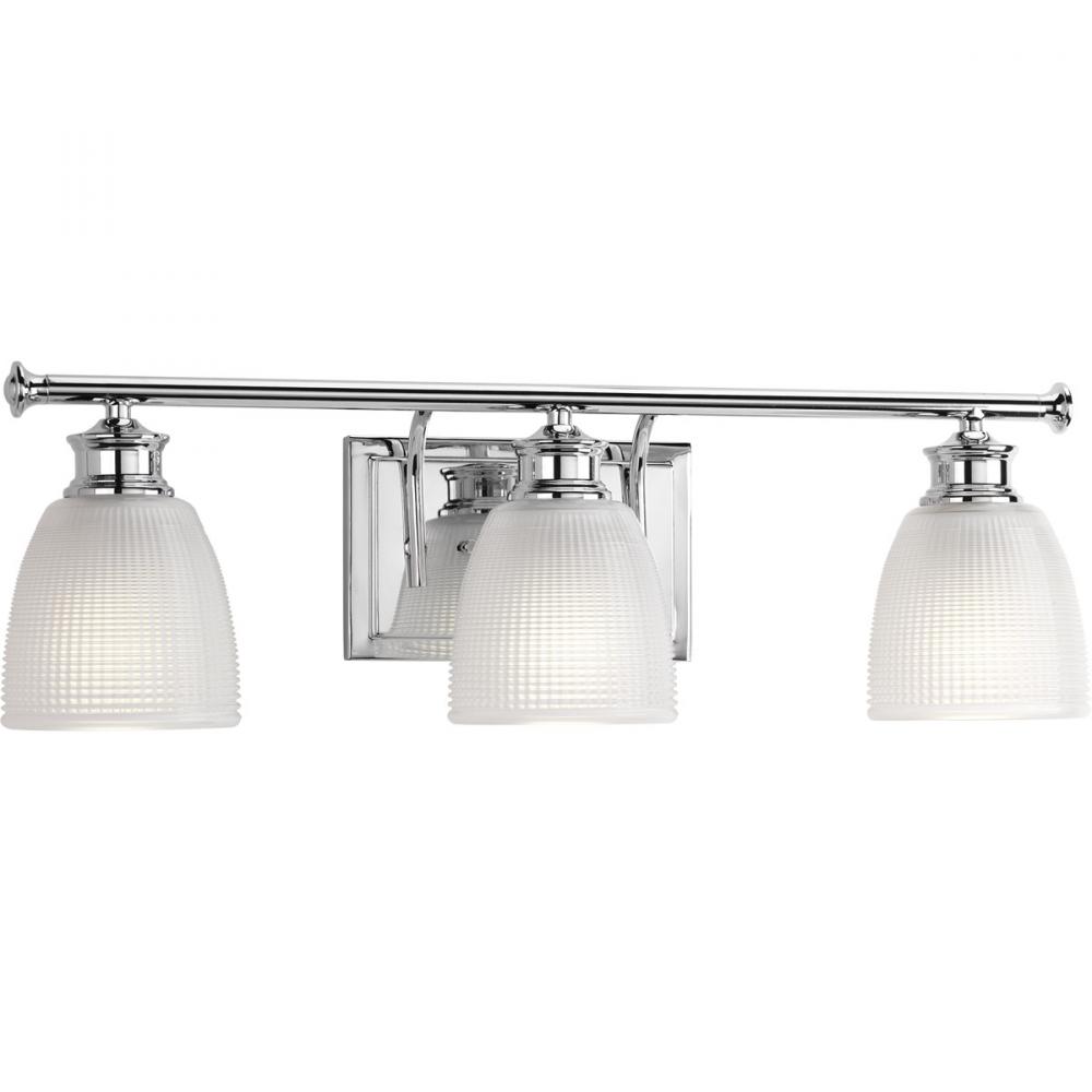Lucky Collection Three-Light Polished Chrome Frosted Prismatic Glass Coastal Bath Vanity Light