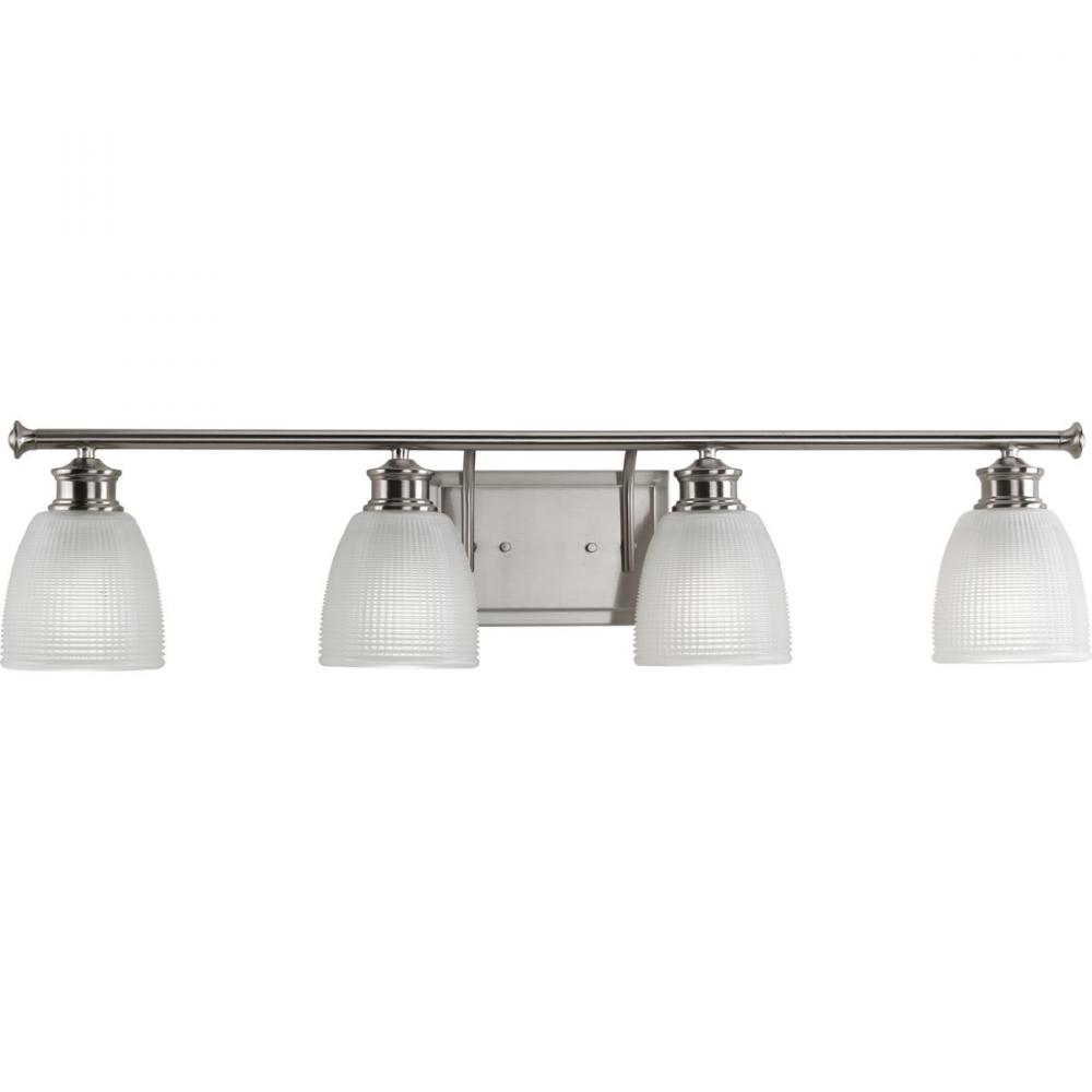 Lucky Collection Four-Light Brushed Nickel White Prismatic Glass Coastal Bath Vanity Light