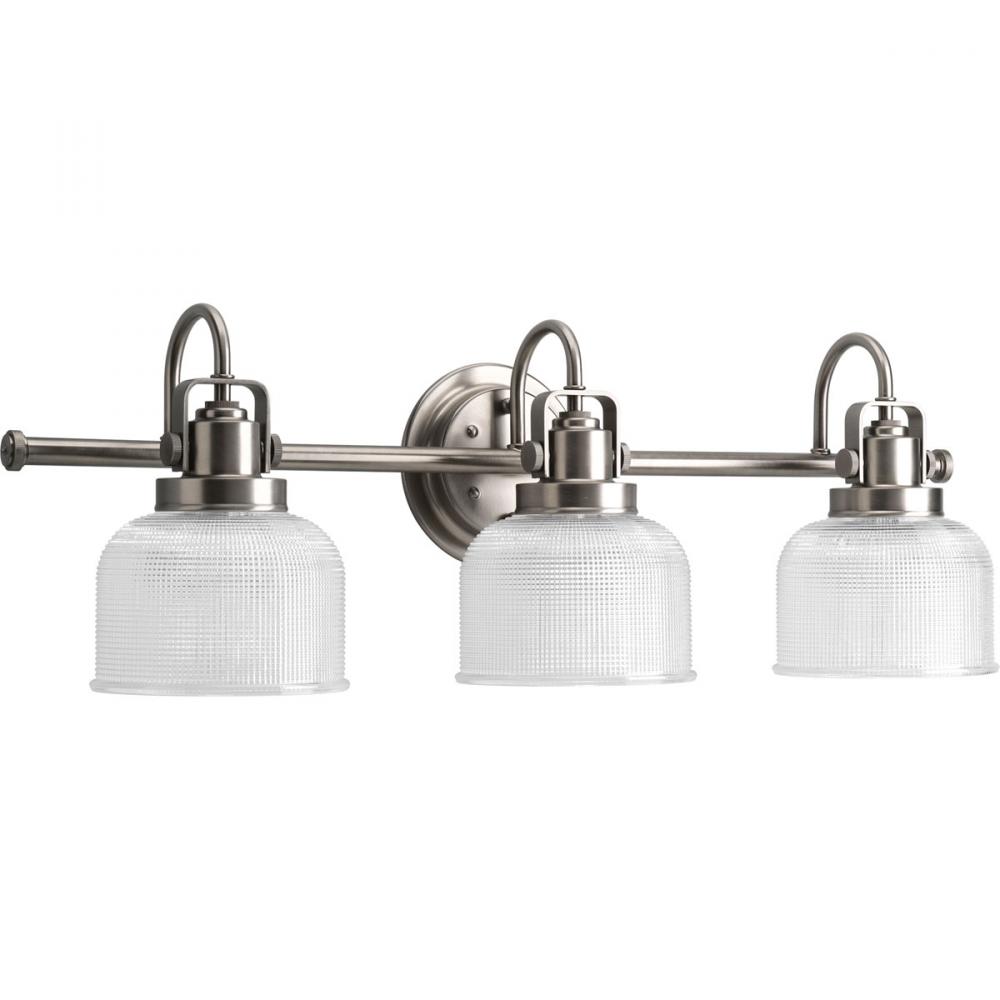 Archie Collection Three-Light Antique Nickel Clear Double Prismatic Glass Coastal Bath Vanity Light