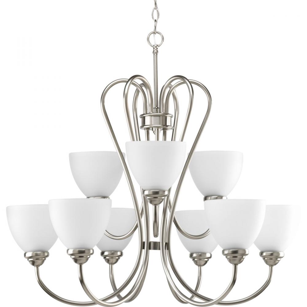 Heart Collection Nine-Light Brushed Nickel Etched Glass Farmhouse Chandelier Light