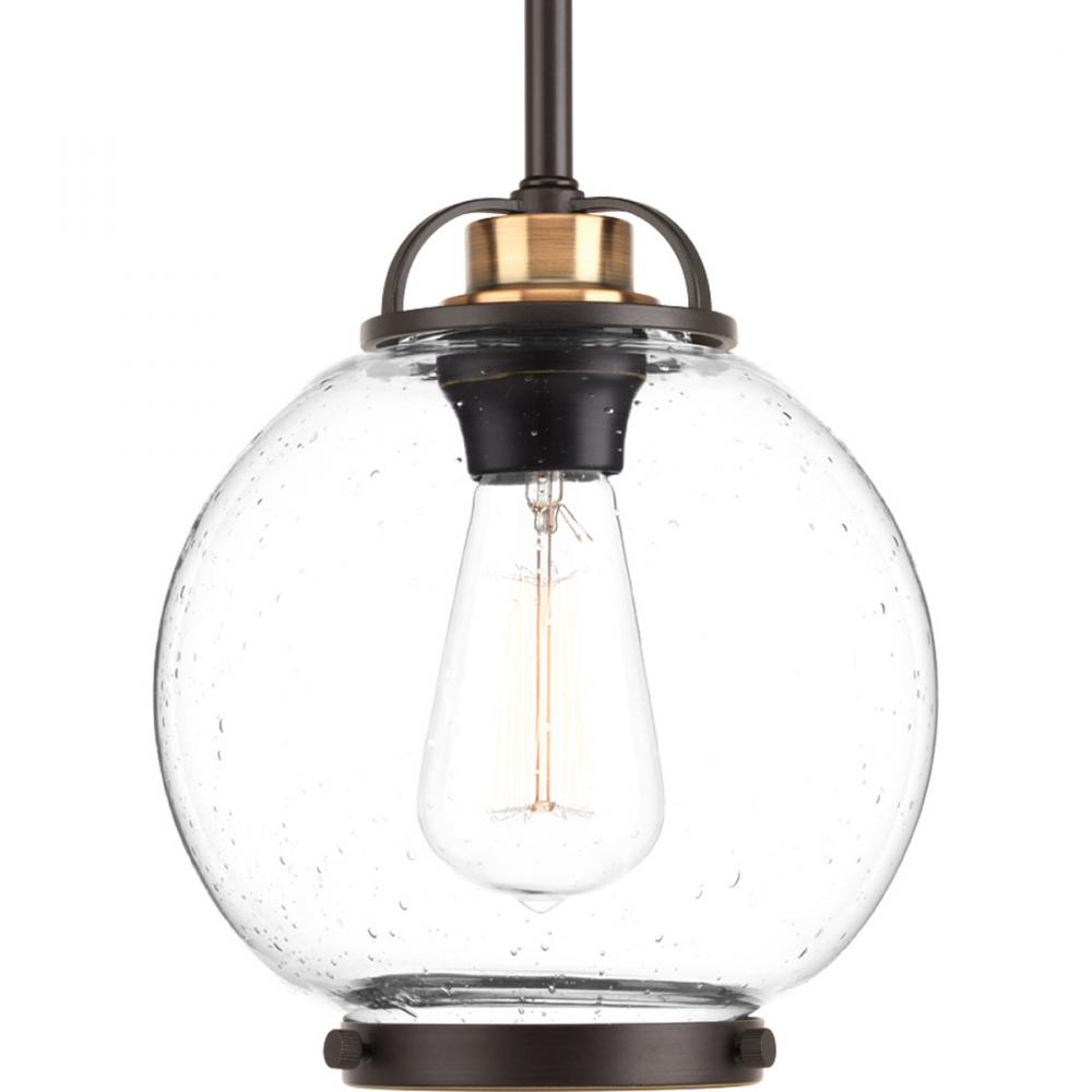 Chronicle Collection One-Light Antique Bronze Clear Seeded White Opal Glass Coastal Mini-Pendant Lig
