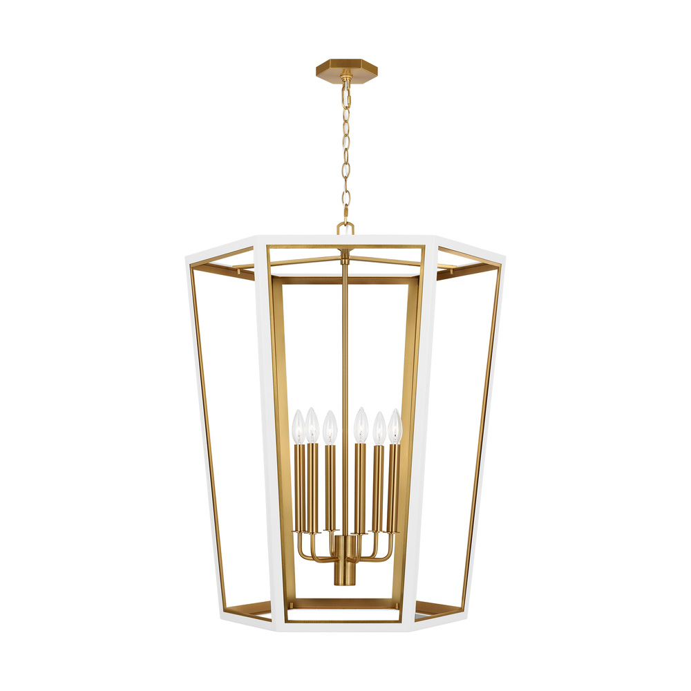 Curt traditional dimmable indoor large 6-light lantern chandelier in a matte white finish with gold